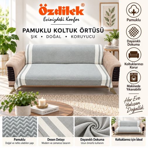 Özdilek Pamuklu Kaymaz Zigzag Koltuk Örtüsü (3+3) - Haki Yeşili
