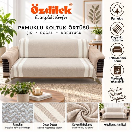Özdilek Pamuklu Kaymaz Zigzag Koltuk Örtüsü (3+3)