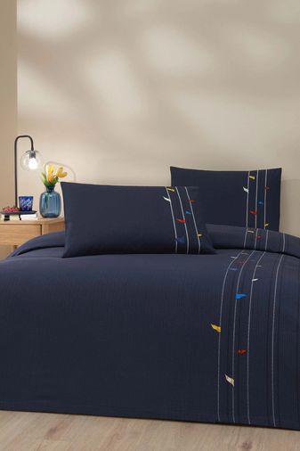 Özdilek Rf -Fore Shore Lacivert- Lastikli Çarşaflı Çift Kişilik Pike Takımı