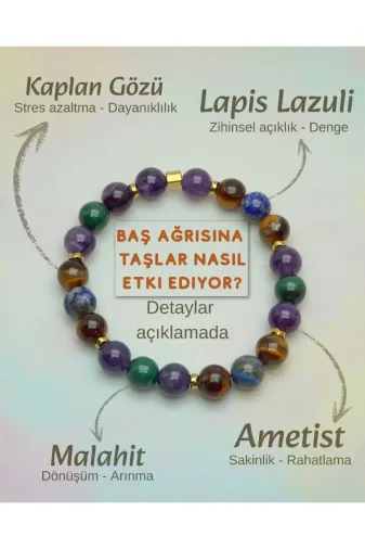 Özer BAS-LAS-001 Doğaltaş Baş Ağrisi İçin Şifa (Ametist, Kaplangözü, Lapis Lazuli, Malahit) 8Mm