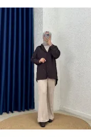 Özün Pullu Oversize Gömlek-NA874 Kahve
