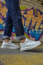 Pabucmarketi Bağcıklı Baskılı Erkek Spor Ayakkabı Beyaz Gümüş Cool