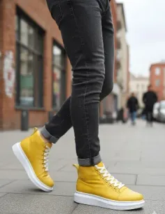 Pabucmarketi Bağcıklı Erkek Sneaker Bot SARI (BEYAZ TABAN)