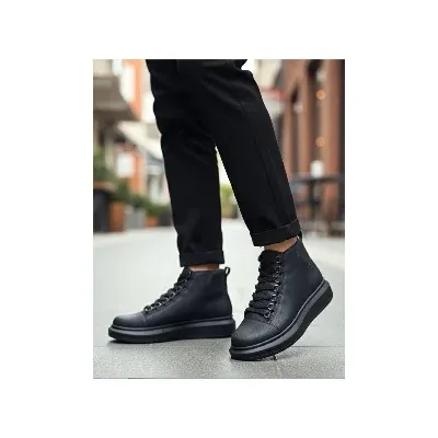 Pabucmarketi Bağcıklı Erkek Sneaker Bot SİYAH (SİYAH TABAN)