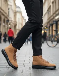 Pabucmarketi Bağcıklı Erkek Sneaker Bot TABA SÜET (SİYAH TABAN)