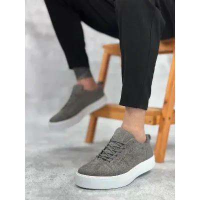 Pabucmarketi Bağcıklı Erkek Spor Ayakkabı GRİ SÜET (BEYAZ TABAN)