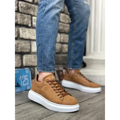 Pabucmarketi Bağcıklı Erkek Spor Ayakkabı TABA SÜET (BEYAZ TABAN)