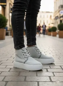 Pabucmarketi Bağcıklı İçi Kürklü Erkek Sneaker Bot GRİ SÜET (BEYAZ TABAN)
