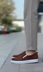 Pabucmarketi Bağcıksız Kadife Erkek Günlük Ayakkabı KAHVE (BEYAZ TABAN)