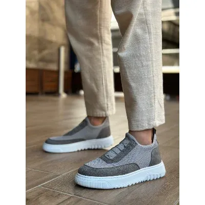 Pabucmarketi Bağcıksız Lastik Detaylı Triko Erkek Hi Sneaker GRİ (BEYAZ TABAN)