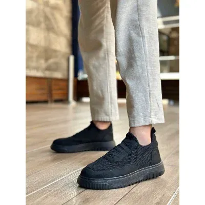 Pabucmarketi Bağcıksız Lastik Detaylı Triko Erkek Hi Sneaker SİYAH (SİYAH TABAN)