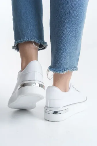 Pabucmarketi Beyaz Gümüş Bağcıklı Kadın Sneaker