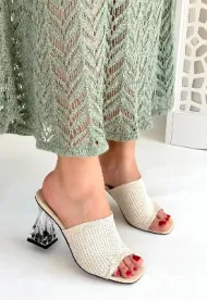 Pabucmarketi Kadın Ten Bej Triko Topuklu Terlik