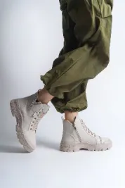 Pabucmarketi Krem (Krem Taban) Bağcıklı Fermuarlı Kadın Sneaker Bot