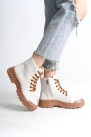 Pabucmarketi Krem (Taba Taban) Bağcıklı Fermuarlı Kadın Sneaker Bot