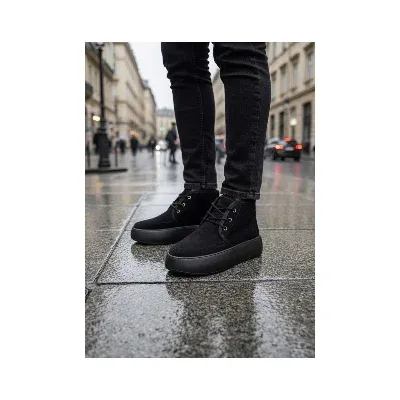 Pabucmarketi Pabucmarketi Bağcıklı İçi Kürklü Erkek Sneaker Bot SİYAH SÜET (SİYAH TABAN)