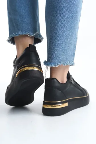 Pabucmarketi Siyah Altın Bağcıklı Fermuarlı Kadın Sneaker