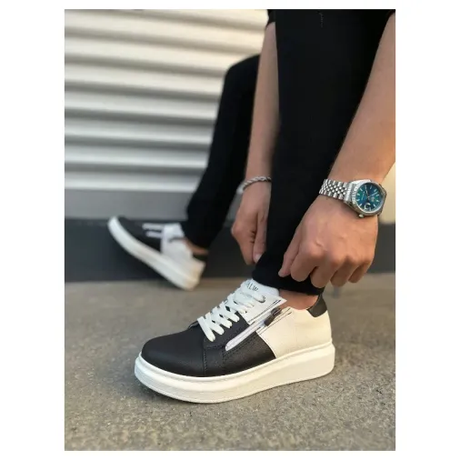 Pabucmarketi Siyah Beyaz (Beyaz Taban) Bağcıklı Fermuarlı Erkek Sneaker