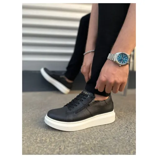 Pabucmarketi Siyah (Beyaz Taban) Bağcıklı Fermuarlı Erkek Sneaker