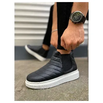 Pabucmarketi Siyah (Beyaz Taban) Lastikli Erkek Sneaker Bot