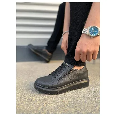 Pabucmarketi Siyah (Siyah Taban) Bağcıklı Fermuarlı Erkek Sneaker
