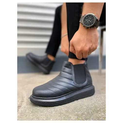 Pabucmarketi Siyah (Siyah Taban) Lastikli Erkek Sneaker Bot