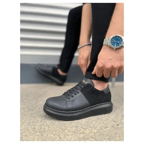 Pabucmarketi Siyah (Siyah Taban) Siyah Süet Detaylı Bağcıklı Erkek Sneaker