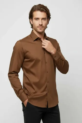 Pamuk Saten Slim Fit Taba Erkek Gömlek - Wessi - S / Tan