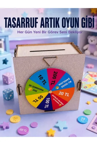 Para Biriktirme Challenge Kutusu Eğlenceli Şans Çarkı Ahşap Tasarruf Kumbarası
