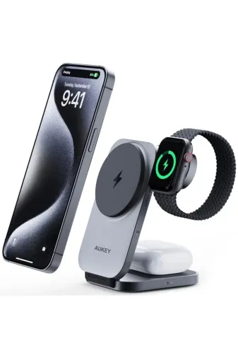 Pazarcan NİLAVM2066861262580 Aukey Lcmc312Gy Magfusıon Z Qı2 15W Katlanabilir 3 Ü 1 Arada Mıknatıslı Kablosuz Şarj Cihazı
