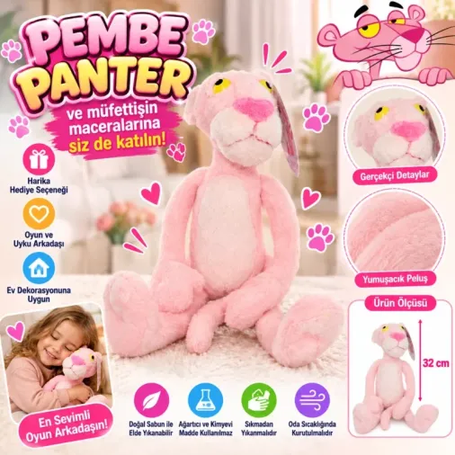 Peluş Pembe Panter 32 cm Uzunluk ile Yumuşak Oyuncak