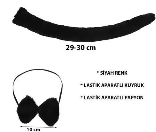 Peluş Siyah Renk Kuyruk ve Papyon Yetişkin Çocuk Uyumlu (4745)
