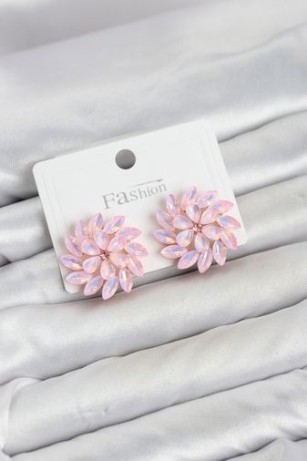 Pembe Renk Kristal Taşlı Çiçek Model Kadın Küpe