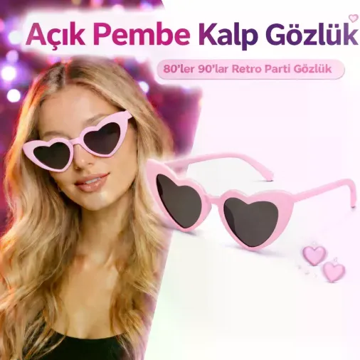 Pembe Retro Kalp Gözlük – 80’ler 90’lar Stil Parti Gözlüğü