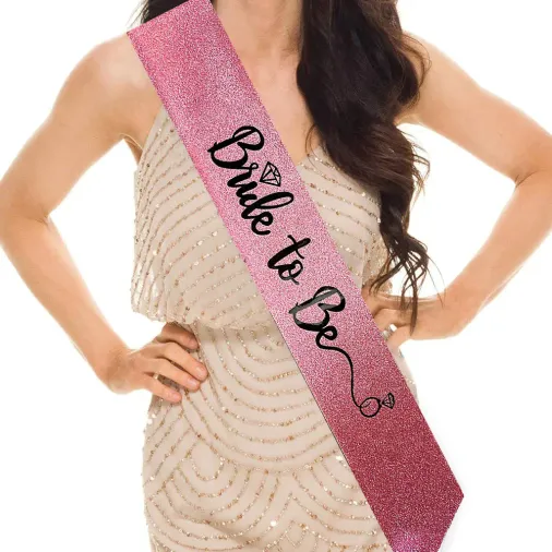 Pembe Üzeri Siyah İtalik Alyanslı Bride To Be Yazılı Simli Işıltılı Kuşak Kemer 10 cm Genişlik (4745)