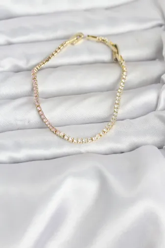 Pembe ve Beyaz Zirkon Taşlı Gold Renk Su Yolu Kadın Bileklik TJ-BB8150