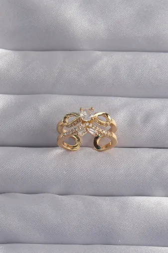 Pirinç Ayarlamalı Gold Renk Zirkon Taşlı 2li Görünüm Fiyonk Yüzük TJ-BYK3287