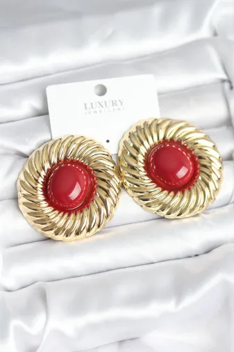 Pirinç Gold Renk Bordo Boncuklu Vintage Kadın Küpe TJ-BKP11389