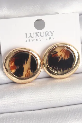 Pirinç Gold Renk Leopar Desen Daire Model Kadın Küpe TJ-BKP10371