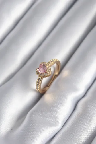 Pirinç Gold Renk Pembe Zirkon Taş Kalp Charm Model Kadın Yüzük TJ-BYK2957