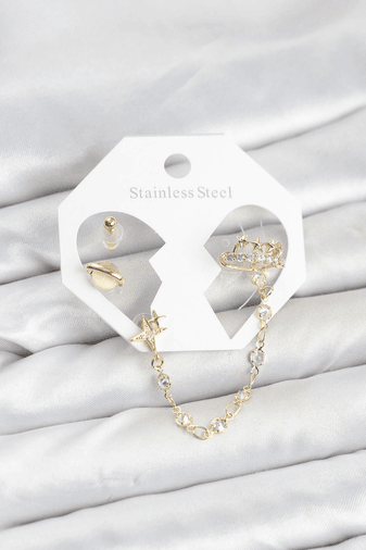 Pirinç Gold Renk Uzay Model Zincir Bağlantılı Ear Cuff Küpe Seti