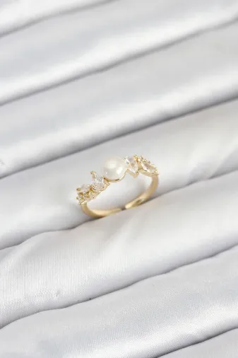Pirinç Gold Renk Zirkon Taşlı İncili Model Kadın Yüzük TJ-BYK3852