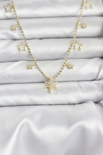 Pirinç Gold Renk Zirkon Taşlı Kutup Yıldızı Model Kadın Kolye TJ-BKO10649