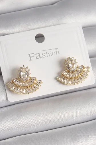 Pirinç Gold Renk Zirkon Taşlı Yelpaze Model Kadın Küpe TJ-BKP9915