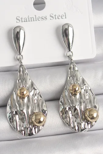 Pirinç Gümüş Renk Sallantı Damla Model Gold Topçuk Detay Kadın Küpe TJ-BKP10088