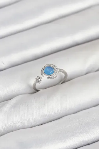 Pirinç Gümüş Renk Zirkon Taşlı Ay Yıldız Kadın Yüzük TJ-BYK3861