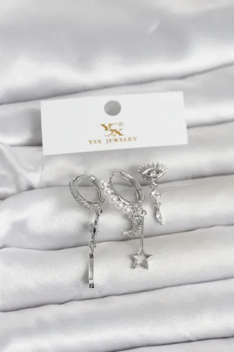 Pirinç Gümüş Renk Zirkon Taşlı Gece Temalı 3'lü Kadın Küpe TJ-BKP11704