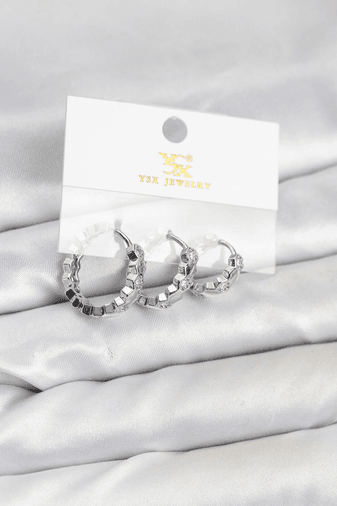 Pirinç Gümüş Renk Zirkon Taşlı Petek Halka Model YSX Trio Küpe Seti
