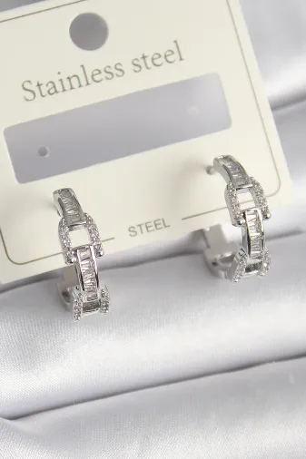 Pirinç Gümüş Renk Zirkon Taşlı Zincir Model Kadın Küpe TJ-BKP9736
