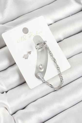 Pirinç Ok Figürlü Zirkon Taşlı Gümüş Renk 3'lü Kıkırdak Kadın Küpe Set